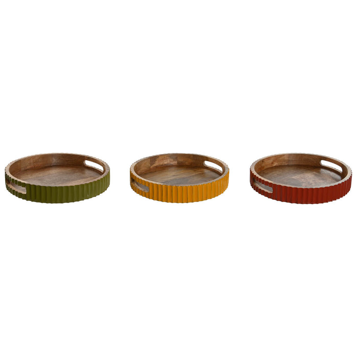Tavă Home ESPRIT Galben Verde Coral Lemn de mango 30 x 30 x 5 cm (3 Unități)