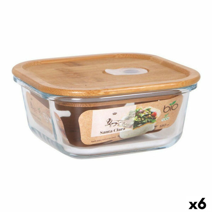 Cutie pătrată pentru prânz cu capac Santa Clara Bambus Sticlă borosilicată 550 ml 14 x 14 x 6 cm (6 Unități)