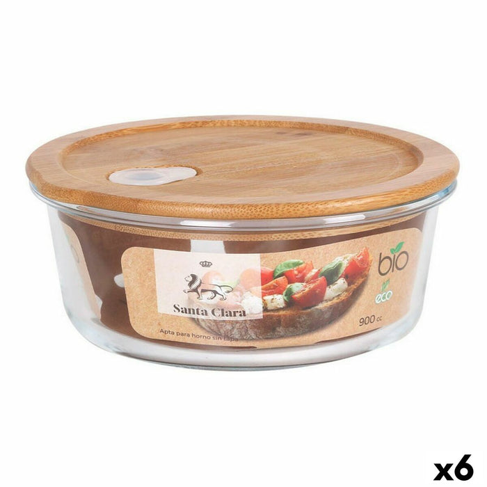Cutie rotundă pentru prânz cu capac Santa Clara Bambus Sticlă borosilicată 900 ml 18 x 17,3 x 7 cm (6 Unități)