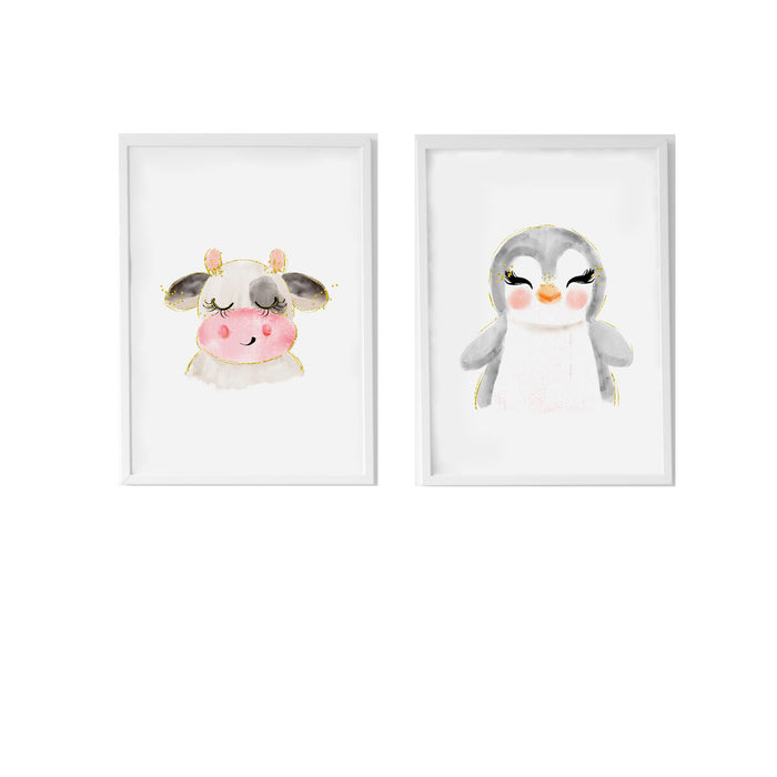 Set de 2 tablouri Crochetts Multicolor Lemn MDF 33 x 43 x 2 cm Vacă Pinguin (2 Piese)