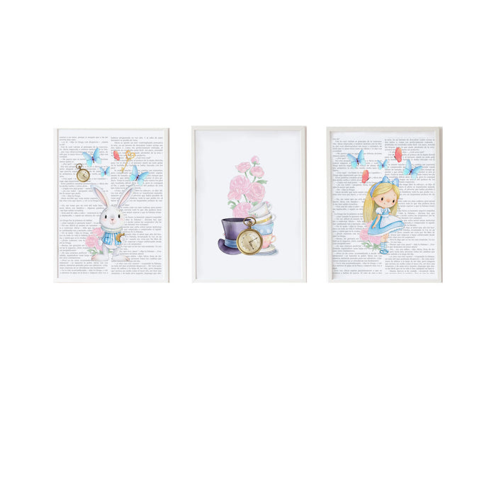 Set de 3 tablouri Crochetts Alice Multicolor Lemn MDF 33 x 43 x 2 cm Iepure Květiny Fată (3 Piese)