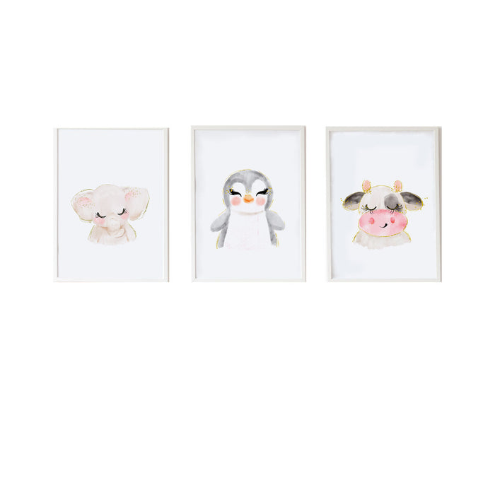 Set de 3 tablouri Crochetts Multicolor Lemn MDF 33 x 43 x 2 cm Elefant Vacă Pinguin (3 Piese)