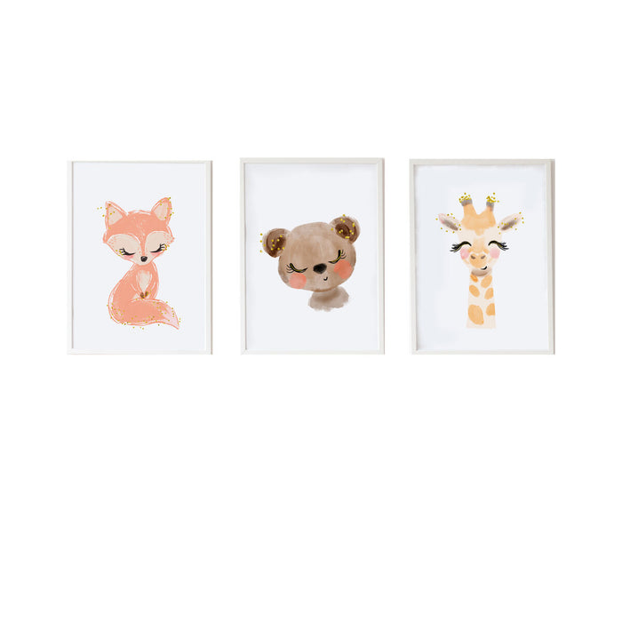 Set de 3 tablouri Crochetts Multicolor Lemn MDF 33 x 43 x 2 cm Urs Girafă Vulpea (3 Piese)
