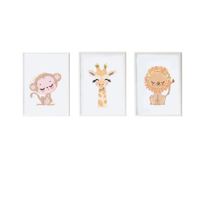 Set de 3 tablouri Crochetts Multicolor Lemn MDF 33 x 43 x 2 cm Girafă Leu Maimuță (3 Piese)