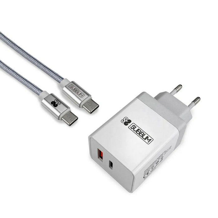 Încărcător de Perete + Cablu USB A la USB C Subblim CARGADOR ULTRA RAPIDO 2xUSB DE PARED PD18W+2.4A + Cable C to C Blanco