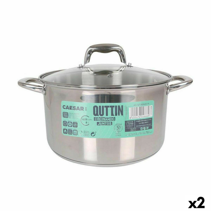 Oală cu Capac de Sticlă Quttin Caesar Oțel ø 26 x 15,5 cm (2 Unități)