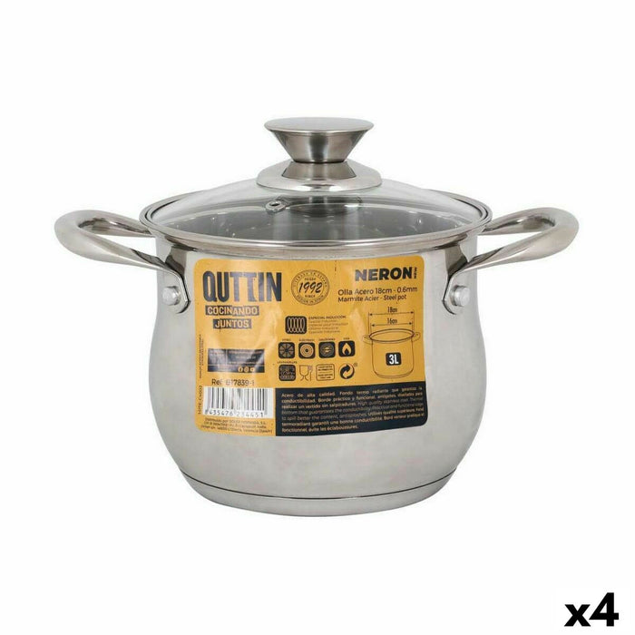 Oală cu Capac de Sticlă Quttin New Neron Oțel 17,5 x 13,2 cm (4 Unități)