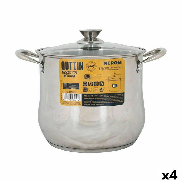 Oală cu Capac de Sticlă Quttin New Neron Oțel 25,7 x 21,5 cm (4 Unități)