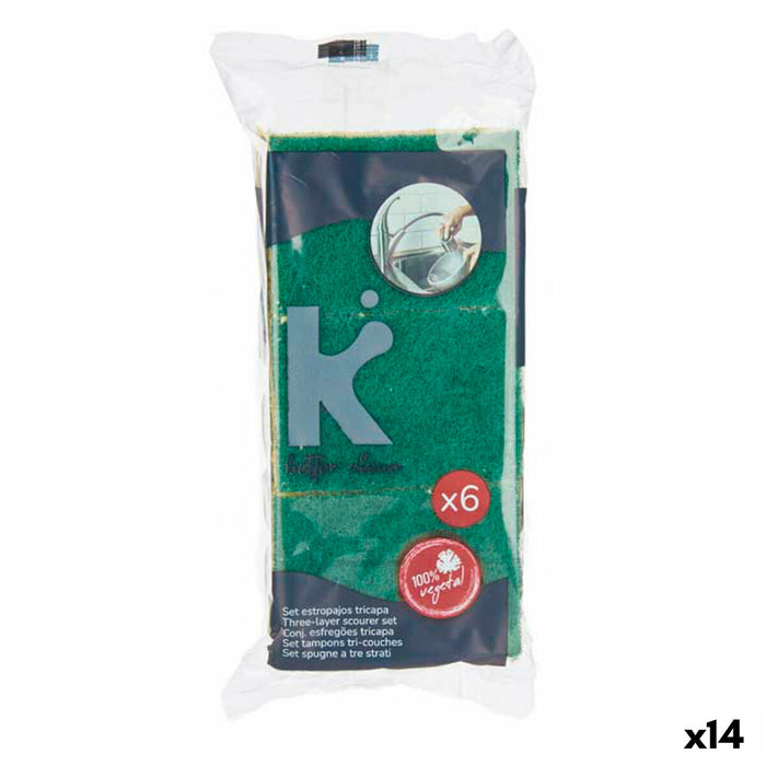 Set de tampoane de curățat Fibre abrazive Galben Verde Celulóza 9 x 5,5 x 2,5 cm (14 Unități)
