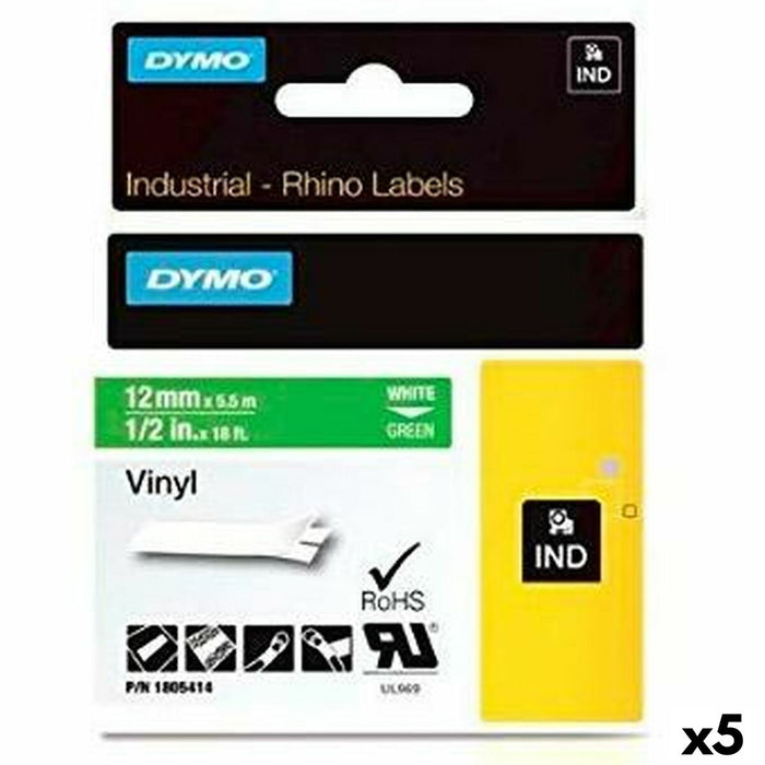 Bandă Laminată pentru Aparate de Etichetat Rhino Dymo ID1-12 12 x 5,5 mm Alb Verde Vynils Auto-adezivi (5 Unități)