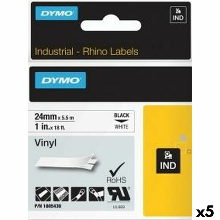 Bandă Laminată pentru Aparate de Etichetat Dymo Rhino 24 mm x 5,5 m Negru Alb Vynils (5 Unități)