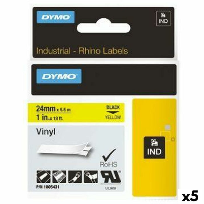 Bandă Laminată pentru Aparate de Etichetat Rhino Dymo ID1-24 24 x 5,5 mm Negru Galben Vynils Auto-adezivi (5 Unități)