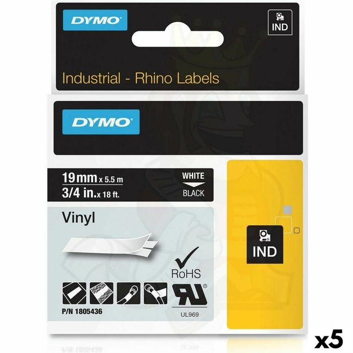 Bandă Laminată pentru Aparate de Etichetat Rhino Dymo ID1-19 19 x 5,5 mm Negru Poliester Alb Auto-adezivi (5 Unități)