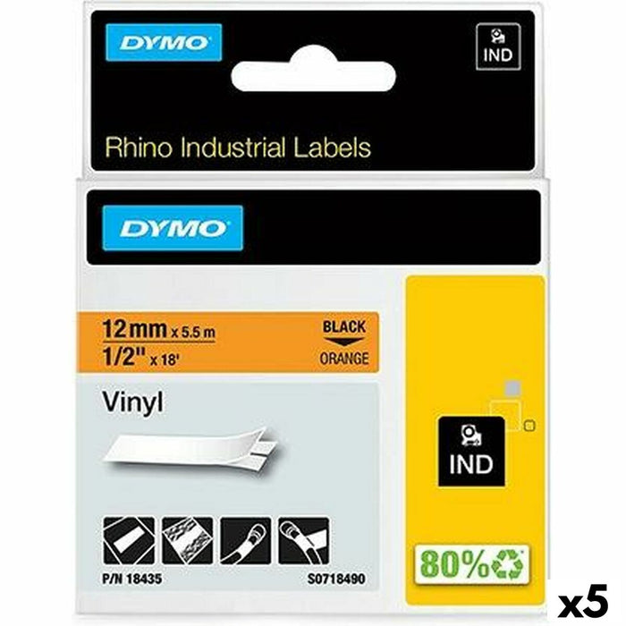 Bandă Laminată pentru Aparate de Etichetat Rhino Dymo ID1-12 12 x 5,5 mm Negru Portocaliu Vynils Auto-adezivi (5 Unități)
