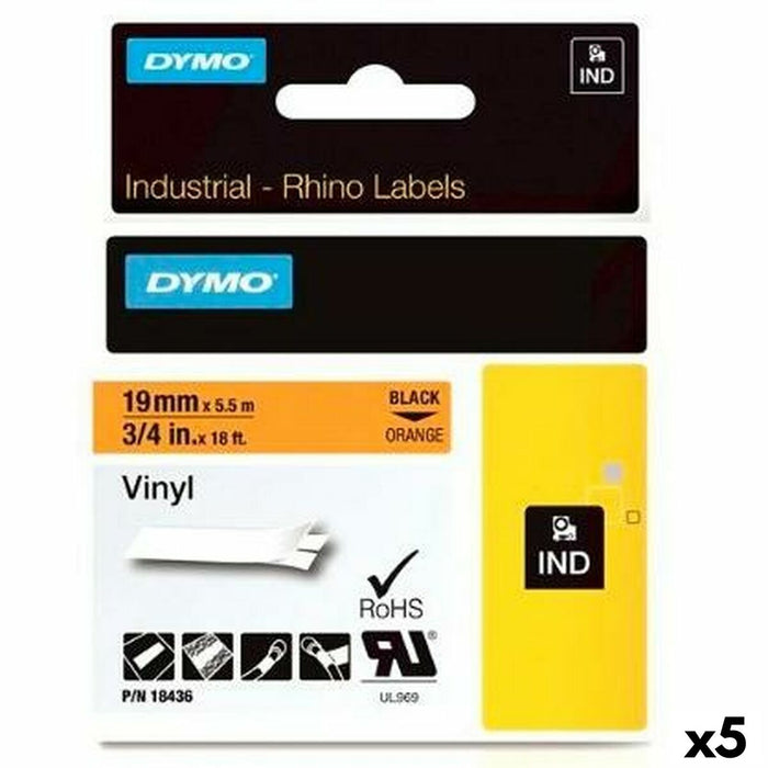 Bandă Laminată pentru Aparate de Etichetat Rhino Dymo ID1-19 Negru Portocaliu 19 x 5,5 mm Auto-adezivi Vynils (5 Unități)