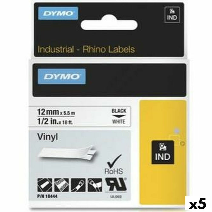 Bandă Laminată pentru Aparate de Etichetat Rhino Dymo ID1-12 12 x 5,5 mm Negru Alb Vynils Auto-adezivi (5 Unități)