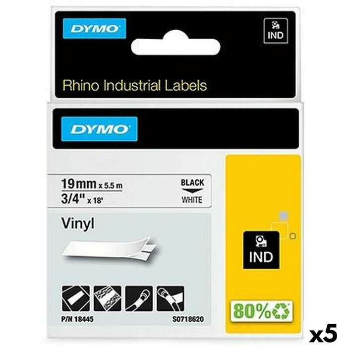 Bandă Laminată pentru Aparate de Etichetat Rhino Dymo ID1-19 19 x 5,5 mm Negru Alb Vynils Auto-adezivi (5 Unități)