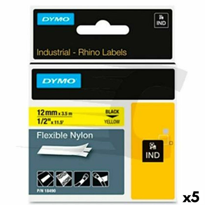 Bandă Laminată pentru Aparate de Etichetat Rhino Dymo ID1-12 Galben Negru 12 x 3,5 mm Auto-adezivi (5 Unități)