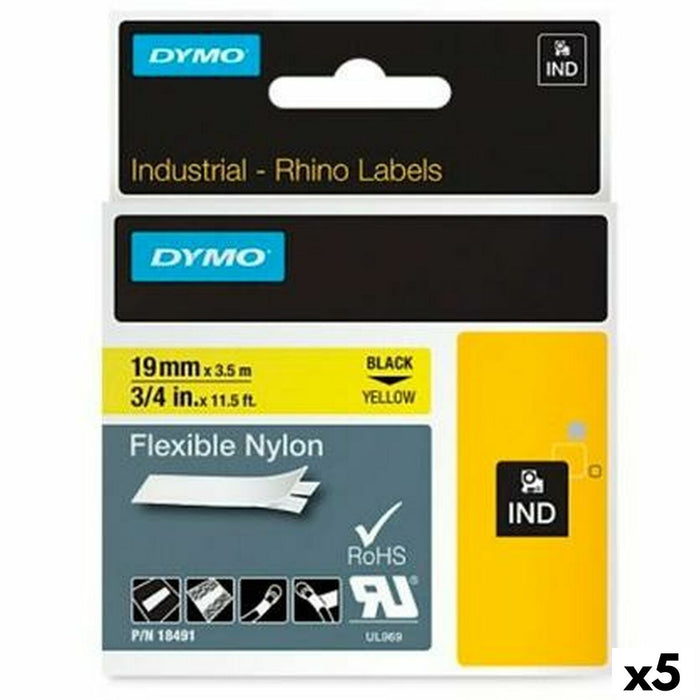 Bandă Laminată pentru Aparate de Etichetat Rhino Dymo ID1-19 19 x 3,5 mm Negru Galben Auto-adezivi (5 Unități)