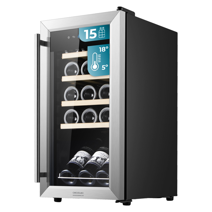 Răcitor de vinuri Cecotec Bolero GrandSommelier 1550 Inox Compressor, 15 sticle, 39 dB, clasa G, inox