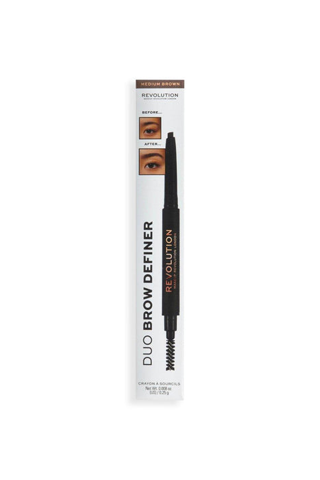 Creion pentru sprâncene Makeup Revolution Duo Brow Definer, cu cremă și perie 2-în-1, maro mediu, 0,25 g