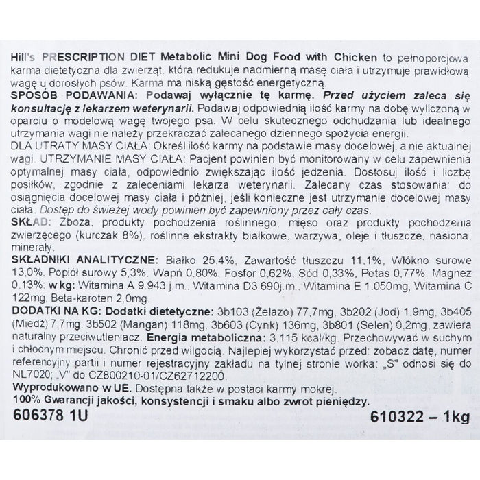 Nutreț Hill's Metabolic Mini Adult Pui 1 kg