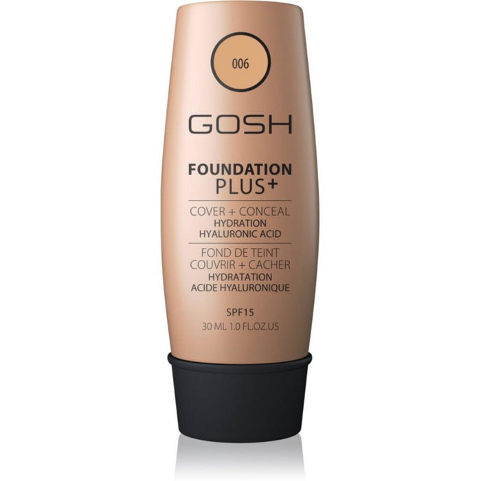 Fond de ten lichid Gosh Foundation Plus+, Cover & Conceal, hidratant, nuanța 006 Miere, SPF 15, 30 ml