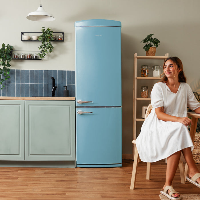 Frigider combină retro Cecotec Bolero CoolMarket Combi Origin 294+ Blue E, 294 l, Total No Frost, clasa E, albastru