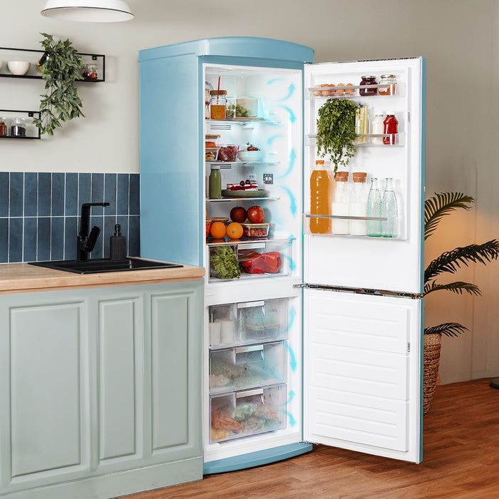 Frigider combină retro Cecotec Bolero CoolMarket Combi Origin 294+ Blue E, 294 l, Total No Frost, clasa E, albastru