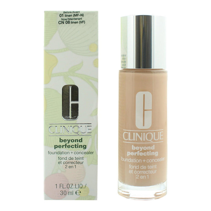 Fond de ten lichid și corector 2-în-1 Clinique Beyond Perfecting, acoperire completă, nuanța 01 Linen, 30 ml