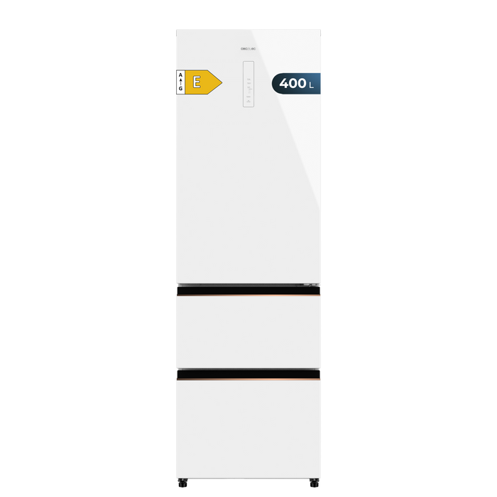 Frigider combină French Door Cecotec Bolero CoolMarket Combi FD 400 White Glass E, 400 l, 60 × 63,8 × 190,8 cm, clasa E, albă