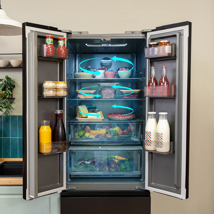 Frigider combină cu 4 uși Cecotec Bolero CoolMarket Combi F2D 400 Black Glass E, 400 l, Total NoFrost, clasa E, sticlă neagră