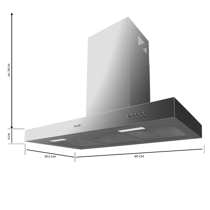 Hotă de bucătărie tip T Cecotec Bolero Flux TM 906500 Inox A, 90 cm, 650 m³/h, clasa A, inox