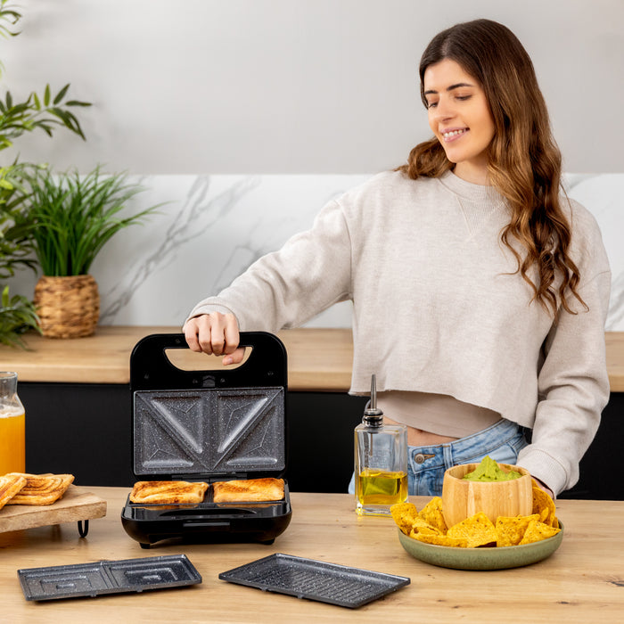 Aparat pentru sandvișuri Cecotec Rock’nToast Combo, 800 W, pentru 2 sandvișuri, 3 plăci interschimbabile, inox