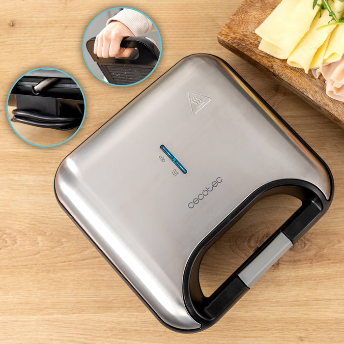 Aparat pentru sandvișuri Cecotec Rock’nToast Grill +, 800 W, 2 sandvișuri, finisaj inox
