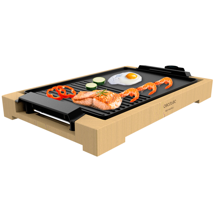 Grătar electric Cecotec Tasty&Grill 2000 Bamboo Black, 2000 W, 5 trepte, suprafață 37,5 × 24,5 cm, negru