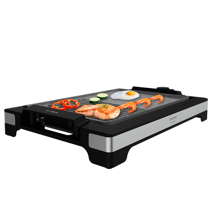 Grătar electric Cecotec Tasty&Grill 2000 Inox MixStone, 2000 W, 5 trepte, suprafață 37,5 × 24,5 cm