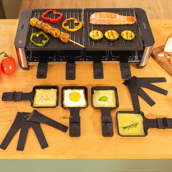 Raclette cu grill Cecotec Cheese&Grill 16000 Inox Black, 1400 W, pentru 8 persoane, suprafață 40 × 22 cm