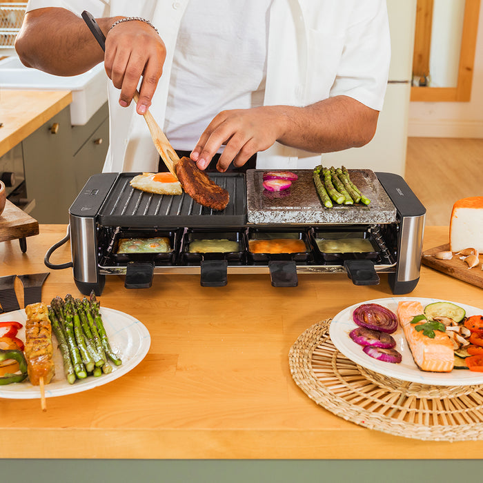 Aparat raclette Cecotec Cheese&Grill 16000 Inox Mixgrill, 1400 W, pentru 8 persoane, 22 × 50 × 12 cm, inox