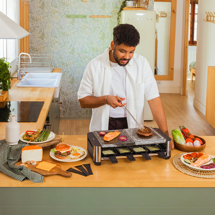 Raclette Cecotec Cheese&Grill 16000 Inox AllStone, 1400 W, pentru 8 persoane, suprafață de 40 × 22 cm