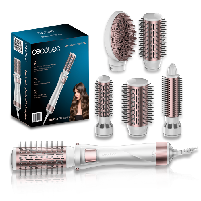 Perie de coafat cu aer cald Cecotec CeramicCare 5in1 Pro, 1000 W, 5 accesorii, 3 trepte de temperatură