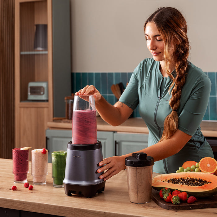 Blender individual Cecotec Nutriblender Fusion, 1000 W, 6 lame, recipiente de 900 și 500 ml, negru