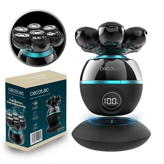 Aparat de ras pentru cap Cecotec PrecisionCare Skull Shaver, 7 lame flotante, autonomie 60 min, bază de încărcare