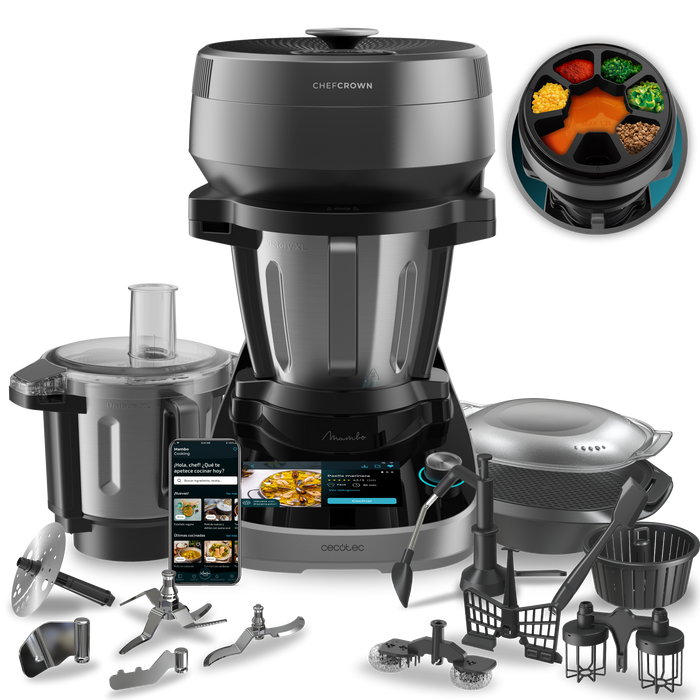 Robot de bucătărie multifuncțional Cecotec Mambo CooKing Total Gourmet, 4,5 l, 2100 W, 37 funcții, negru