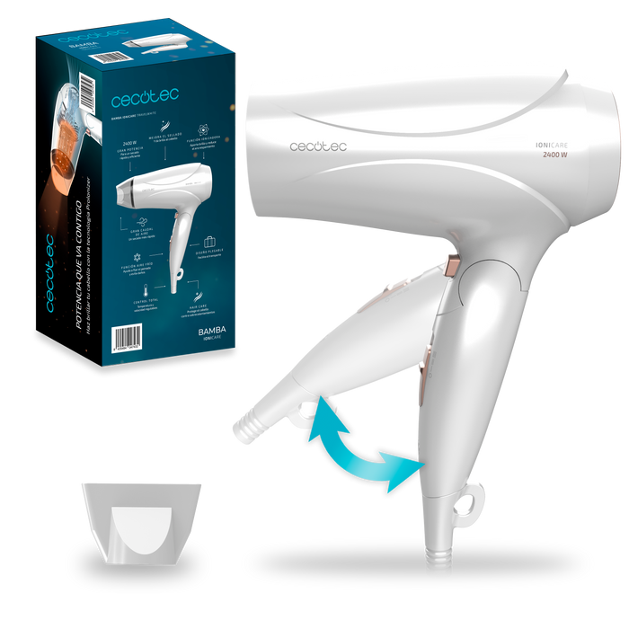 Uscător de păr de călătorie Cecotec IoniCare TravelWhite, 2400 W, 2 trepte de viteză, mâner pliabil