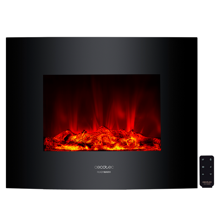Șemineu electric decorativ de perete Cecotec Ready Warm 2600 Curved Flames, 2000 W, 2 trepte, 13,5 × 66,5 × 56 cm, negru