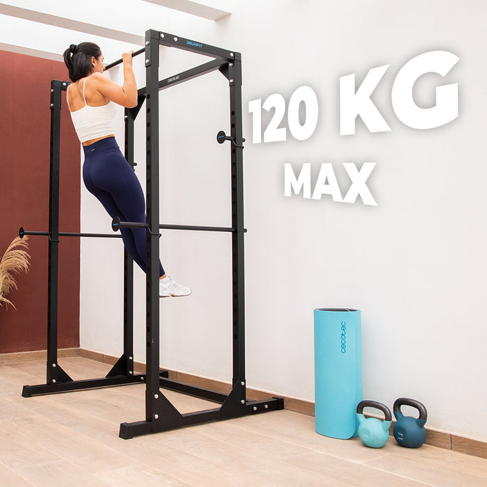 Rack de antrenament Cecotec Drumfit PowerRack 1000, 18 niveluri de reglare, 120 × 117 × 209 cm, negru