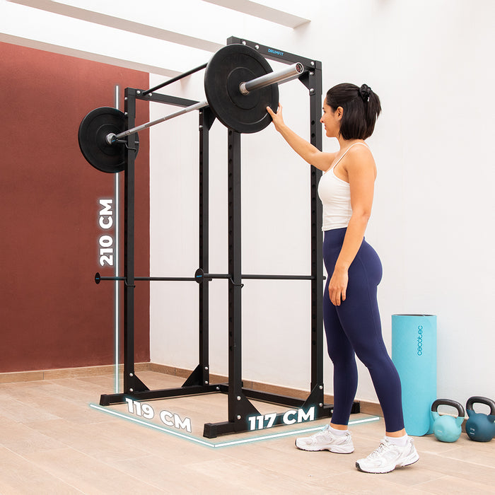 Rack de antrenament Cecotec Drumfit PowerRack 1000, 18 niveluri de reglare, 120 × 117 × 209 cm, negru