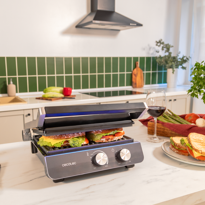 Grătar electric Cecotec Rock'nGrill Blaze Neon, 2200 W, suprafață 29 × 23 cm, deschidere la 180°