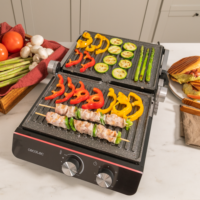 Grătar electric Cecotec Rock'nGrill Blaze Neon, 2200 W, suprafață 29 × 23 cm, deschidere la 180°